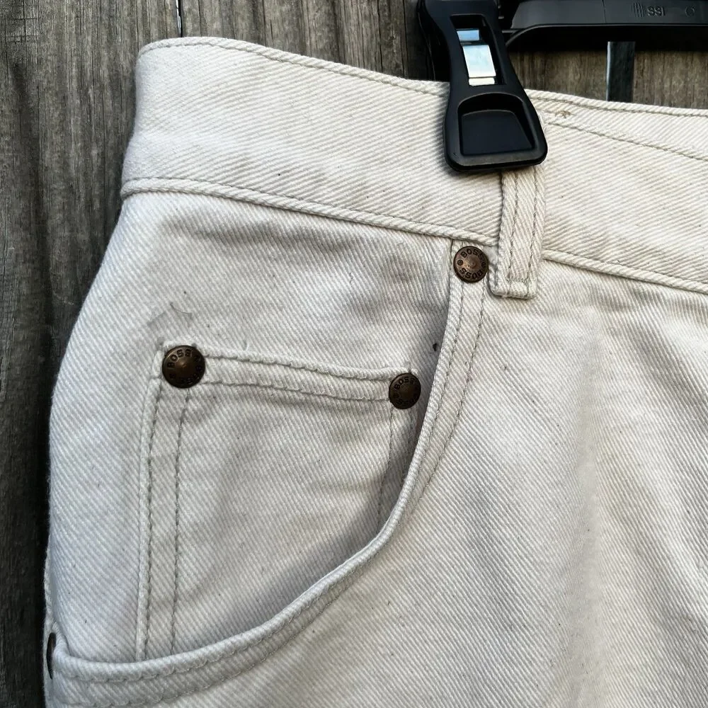 Vintage Boss Shorts Mens 36 White Denim Hip Hop Rap 90s Baggy Spellout Logo Fray